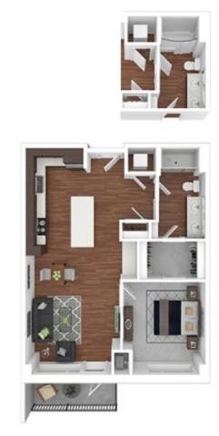 Floor plan for 1 bed, 1 bath, 735 sqft