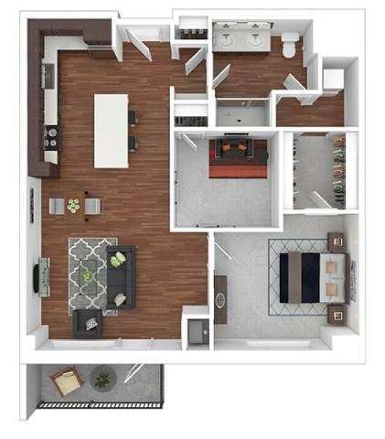 Floor plan for 1 bed, 1 bath, 907 sqft