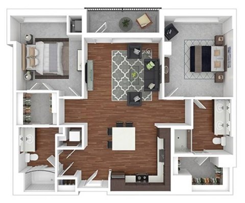 Floor plan for 2 beds, 2 baths, 1075 sqft