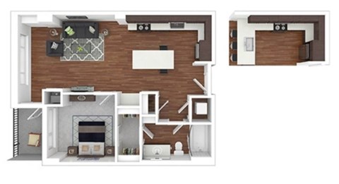 Floor plan for 1 bed, 1 bath, 744 sqft