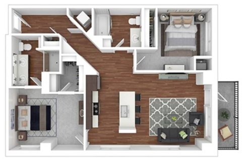 Floor plan for 2 beds, 2 baths, 1048 sqft