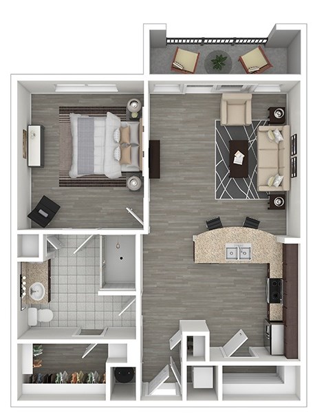 Floor plan for 1 bed, 1 bath, 748 sqft