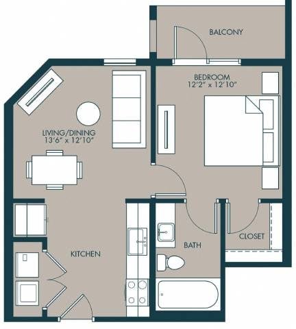 Floor plan for studio, 1 bath, 575 sqft