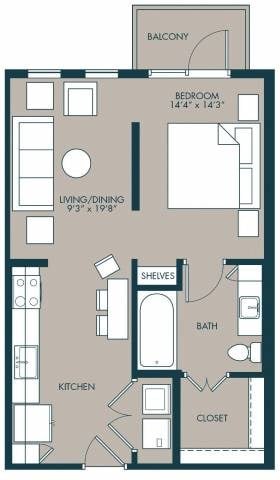 Floor plan for studio, 1 bath, 600 sqft