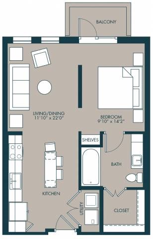 Floor plan for studio, 1 bath, 658 sqft