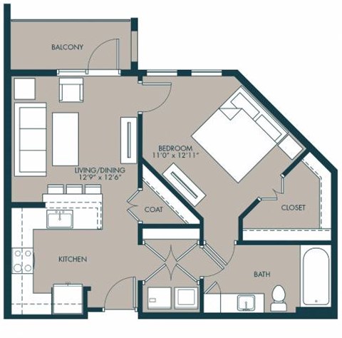 Floor plan for 1 bed, 1 bath, 705 sqft
