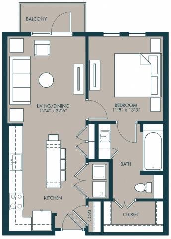 Floor plan for 1 bed, 1 bath, 720 sqft