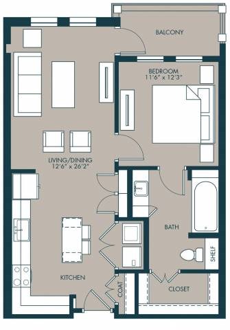 Floor plan for 1 bed, 1 bath, 750 sqft