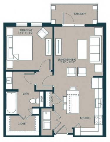 Floor plan for 1 bed, 1 bath, 810 sqft