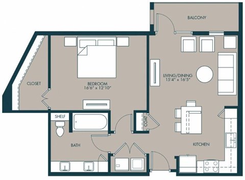Floor plan for 1 bed, 1 bath, 840 sqft