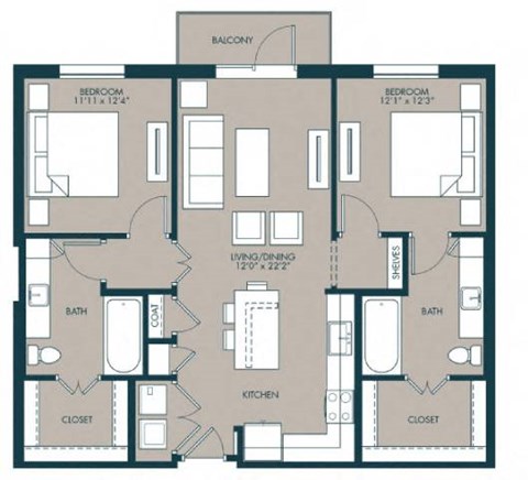 Floor plan for 2 beds, 2 baths, 1080 sqft