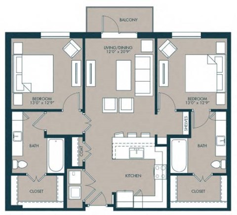 Floor plan for 2 beds, 2 baths, 1140 sqft