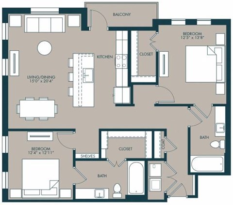 Floor plan for 2 beds, 2 baths, 1235 sqft