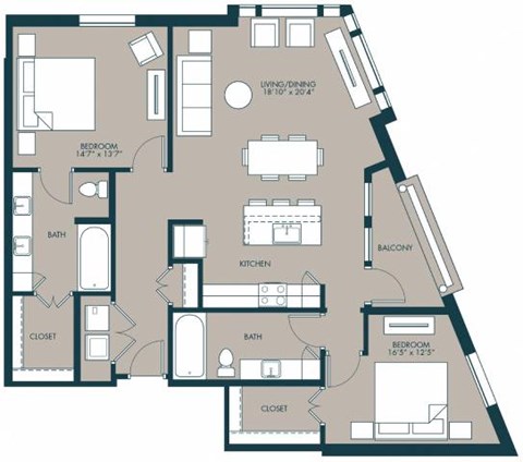 Floor plan for 2 beds, 2 baths, 1272 sqft