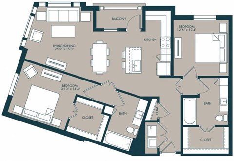 Floor plan for 2 beds, 2 baths, 1330 sqft