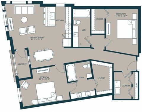Floor plan for 2 beds, 2 baths, 1416 sqft