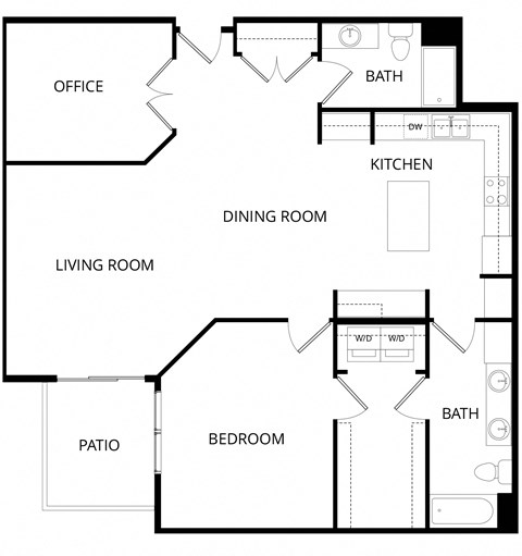 Floor plan for 1 bed, 2 baths, 1258 sqft