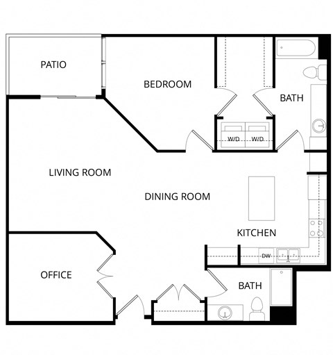 Floor plan for 1 bed, 2 baths, 1152 sqft
