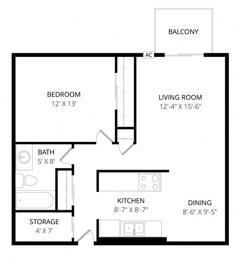 Floor plan for 1 bed, 1 bath, 750 sqft
