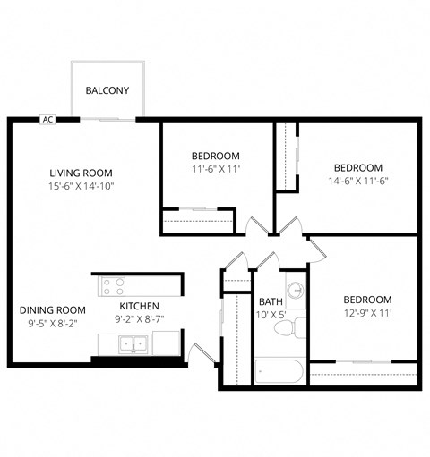 Floor plan for 3 beds, 1 bath, 1067 sqft