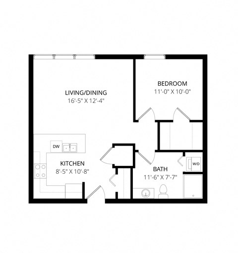 Floor plan for 1 bed, 1 bath, 696 sqft