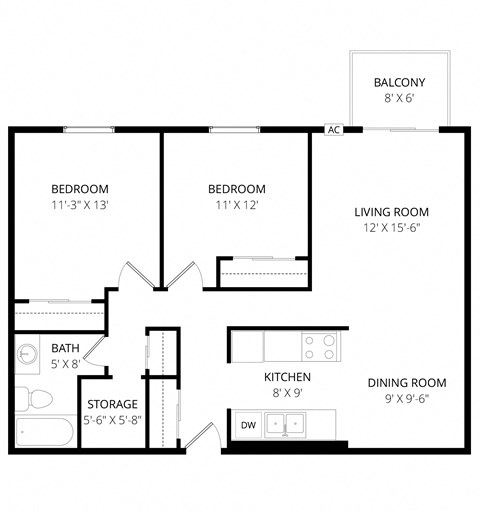 Floor plan for 2 beds, 1 bath, 872 sqft
