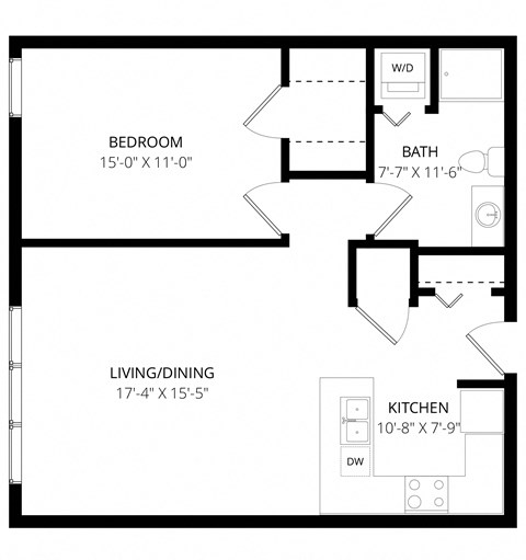 Floor plan for 1 bed, 1 bath, 810 sqft