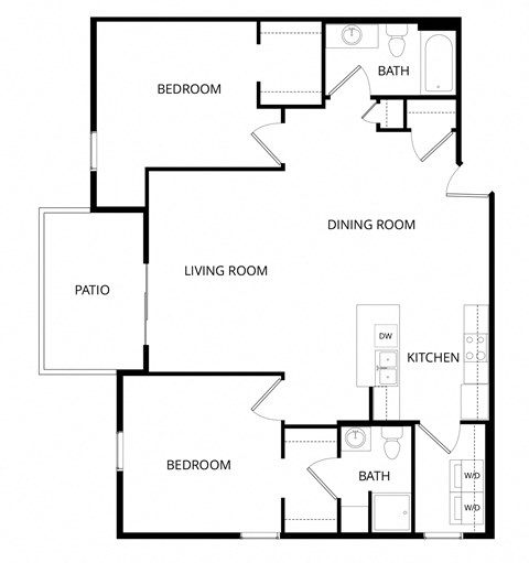Floor plan for 2 beds, 2 baths, 1135 sqft