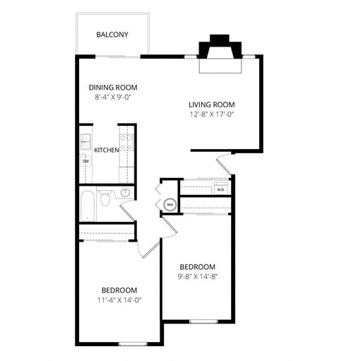 Floor plan for 2 beds, 1 bath, 927 sqft
