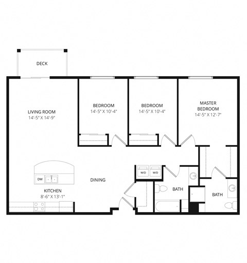 Floor plan for 3 beds, 2 baths, 1368 sqft