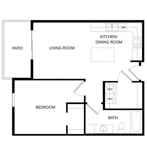Floor plan for 1 bed, 1 bath, 662 sqft