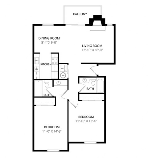 Floor plan for 2 beds, 2 baths, 968 sqft