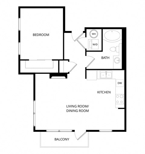 Floor plan for 1 bed, 1 bath, 726 sqft