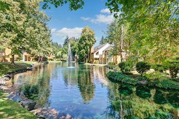 Serene pond with fountains