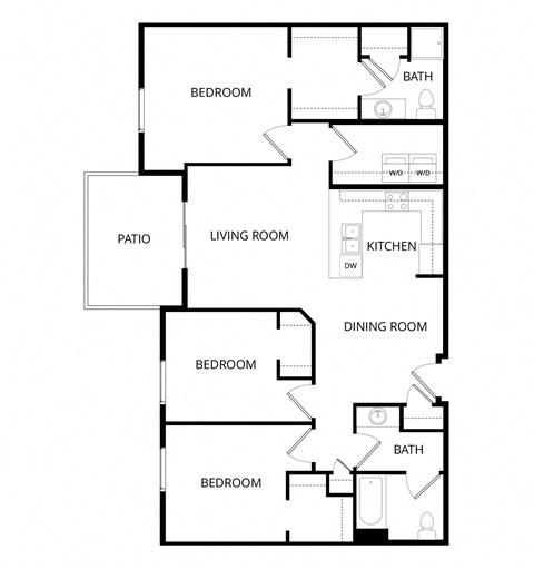 Floor plan for 3 beds, 2 baths, 1273 sqft