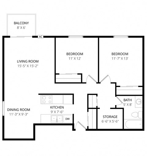 Floor plan for 2 beds, 1 bath, 937 sqft