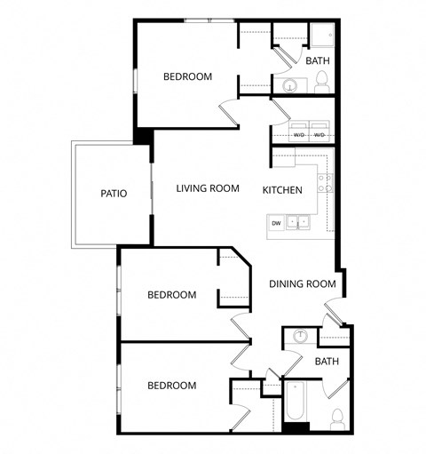 Floor plan for 3 beds, 2 baths, 1293 sqft