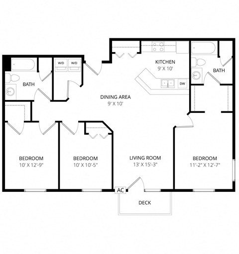 Floor plan for 3 beds, 2 baths, 1254 sqft