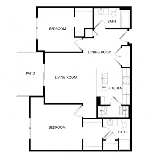 Floor plan for 2 beds, 2 baths, 1064 sqft