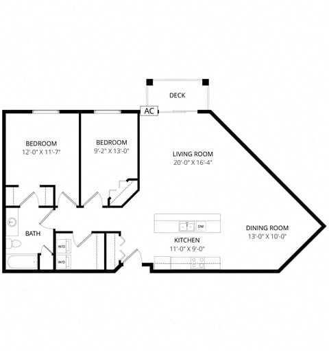 Floor plan for 2 beds, 1 bath, 1137 sqft
