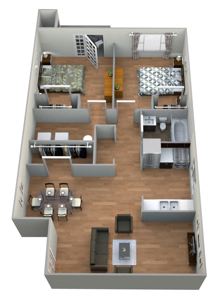 Floor plan for 2 beds, 1 bath, 760 sqft