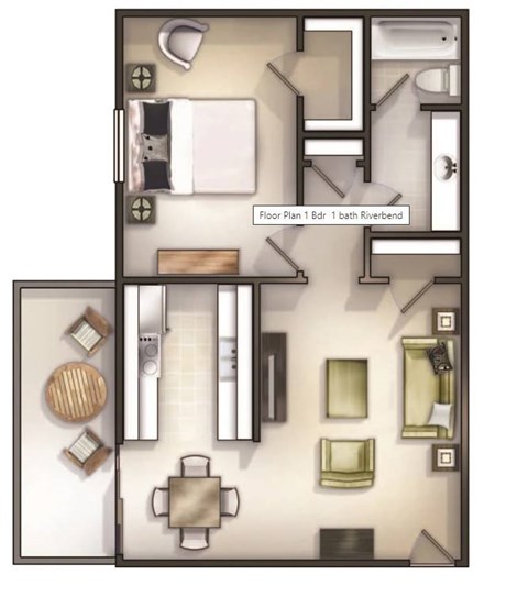 Floor plan for 1 bed, 1 bath, 725 sqft