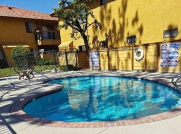 Fontana apartment for rent - A dog is walking near a pool.