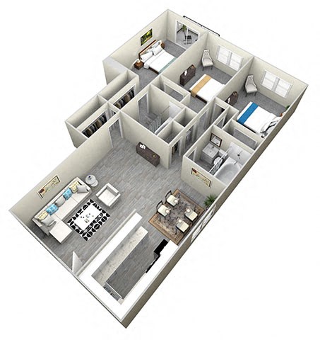 Floor plan for 3 beds, 2 baths, 987 sqft