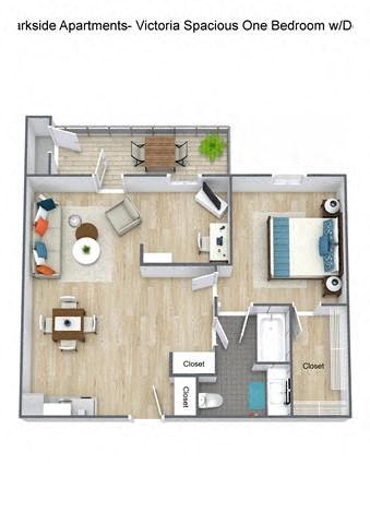 Floor plan for 1 bed, 1.5 baths, 800 sqft