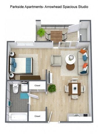 Floor plan for studio, 1 bath, 520 sqft