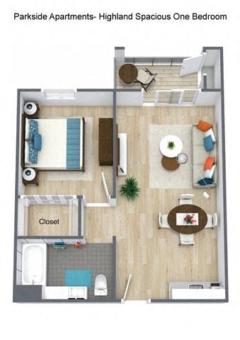 Floor plan for 1 bed, 1 bath, 600 sqft