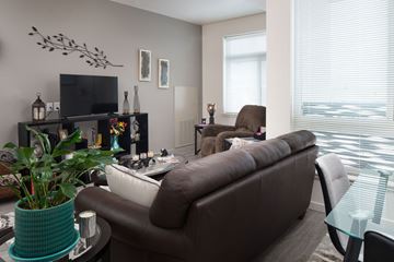 Longmont apartment for rent - A living room with a brown couch and a glass table.