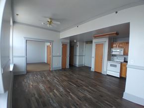 Fort Dodge apartment for rent - an empty living room with wooden floors and a kitchen