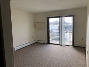 Cedar Rapids apartment for rent - A room with a carpeted floor, a window with blinds, and a sliding glass door.